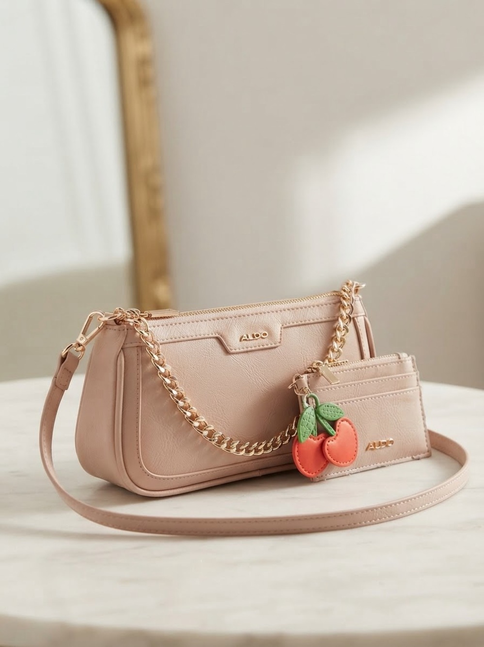 ALDO Blush Pink Convertible Shoulder Bag / Crossbody w Cherry Charm/Cardholder